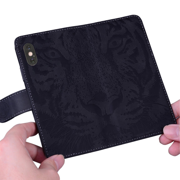 For iPhone 16e Tiger Embossing Pattern Leather Phone Case(Black)