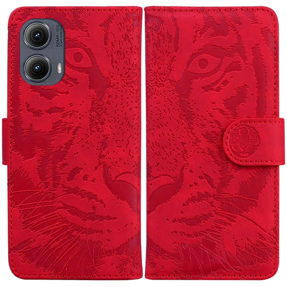 For Motorola Edge 2024 Tiger Embossing Pattern Leather Phone Case(Red)
