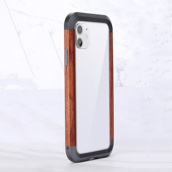 For iPhone XR R-JUST Metal + Wood Frame Protective Case
