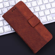 For iPhone 16e Geometric Embossed Leather Phone Case(Brown)