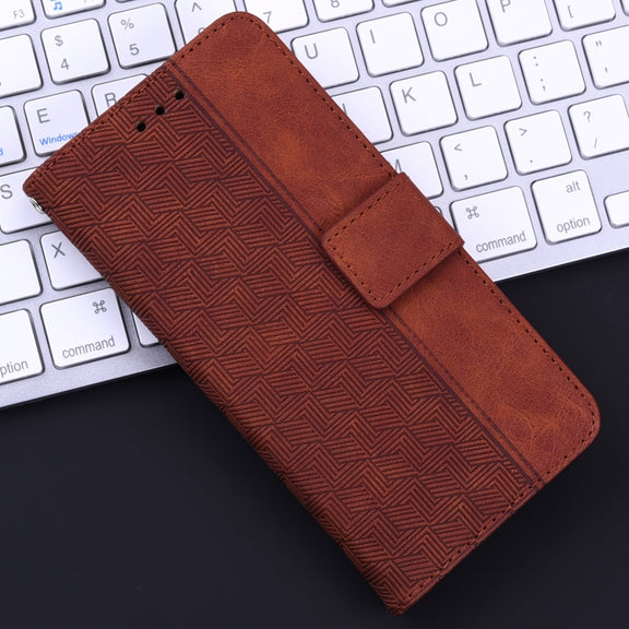 For iPhone 16e Geometric Embossed Leather Phone Case(Brown)