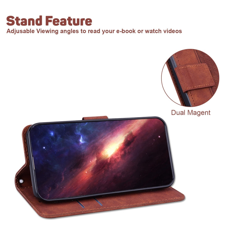For iPhone 16e Geometric Embossed Leather Phone Case(Brown)