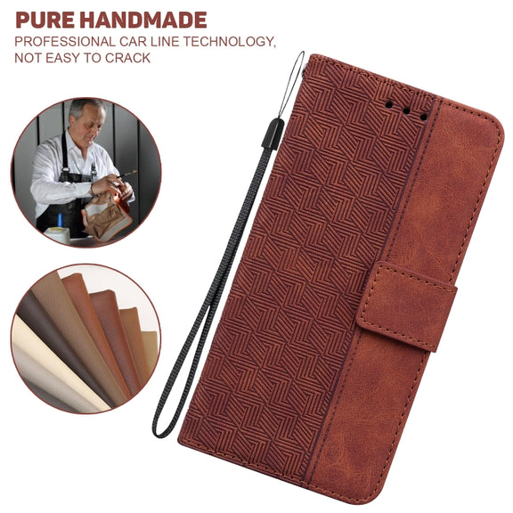 For iPhone 16e Geometric Embossed Leather Phone Case(Brown)
