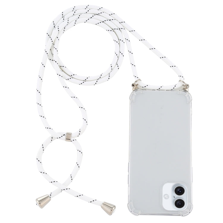 For iPhone 16 Four-Corner Shockproof Transparent TPU Case with Lanyard(White Black)