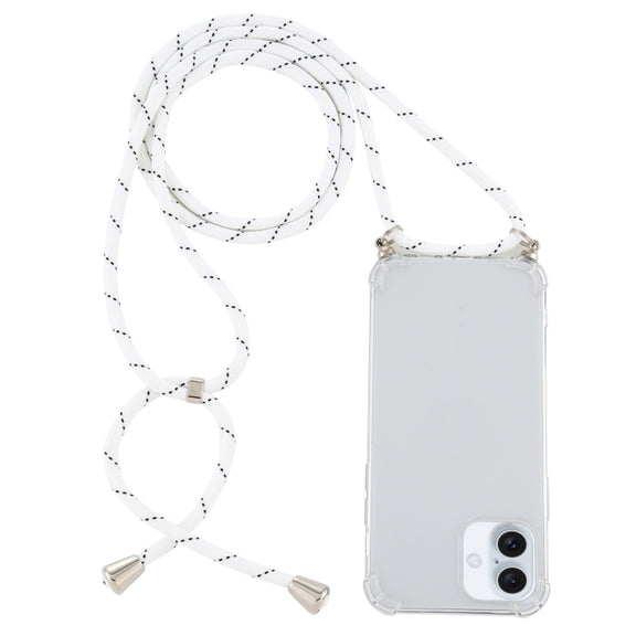 For iPhone 16 Four-Corner Shockproof Transparent TPU Case with Lanyard(White Black)