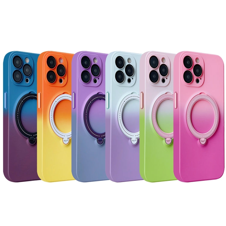 For iPhone 14 MagSafe Holder Gradient TPU Phone Case(Pink Green)