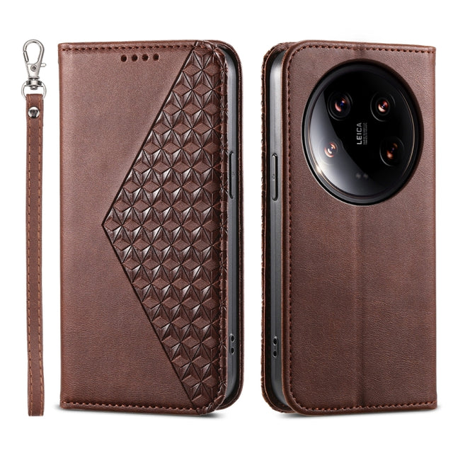 For Xiaomi 14 Ultra Cubic Grid Calf Texture Magnetic Leather Phone Case(Brown)