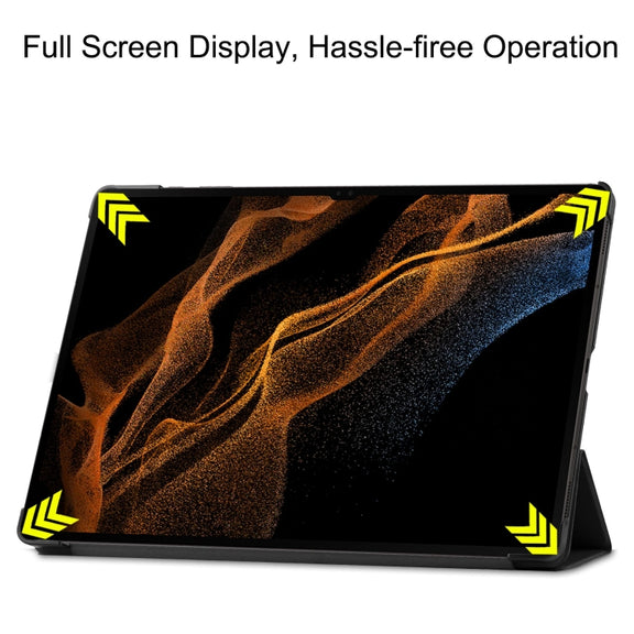 For Samsung Galaxy Tab S10 Ultra / S9 Ultra Custer Pure Color 3-Fold Holder Smart Leather Tablet Case(Black)