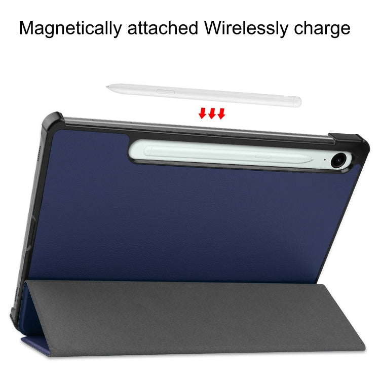 For Samsung Galaxy Tab S9 FE Custer Pure Color 3-Fold Holder Smart Leather Tablet Case(Dark Blue)