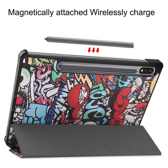 For Samsung Galaxy Tab S9 Custer Painted 3-Fold Holder Smart Leather Tablet Case(Graffiti)