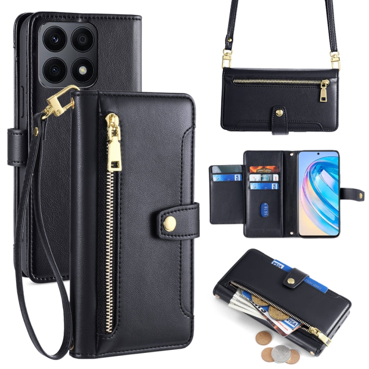 For Honor X8a Sheep Texture Cross-body Zipper Wallet Leather Phone Case(Black)