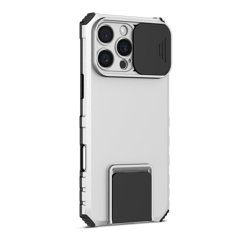 For iPhone 16 Pro Stereoscopic Holder Sliding Camshield Phone Case(White)