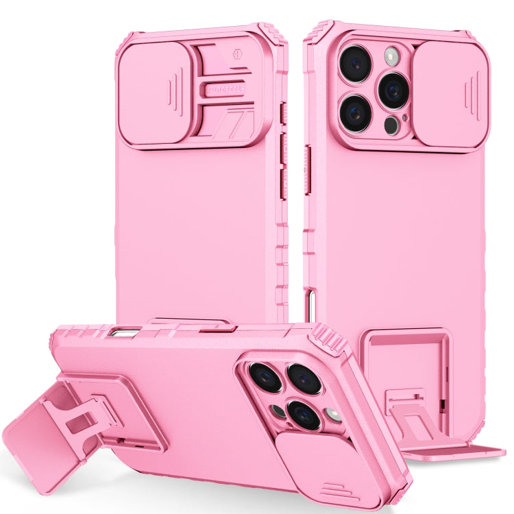 For iPhone 16 Pro Stereoscopic Holder Sliding Camshield Phone Case(Pink)