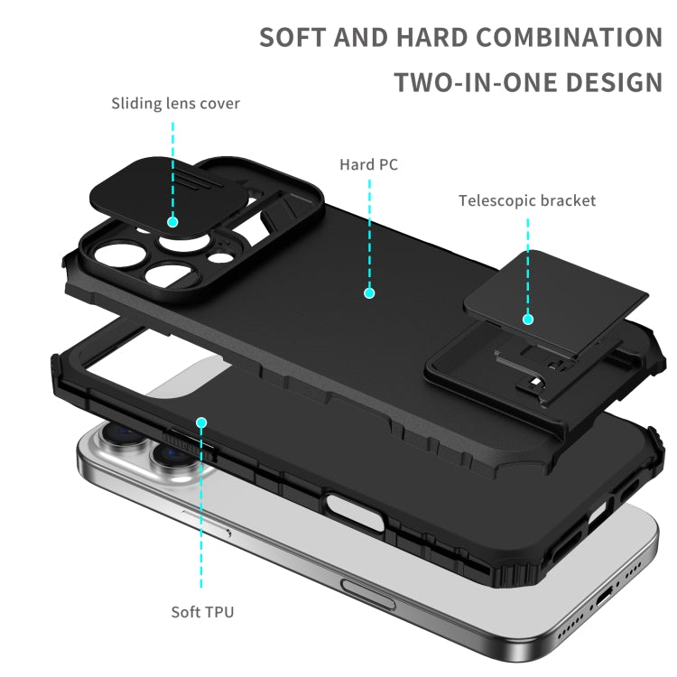 For iPhone 16 Pro Stereoscopic Holder Sliding Camshield Phone Case(Black)