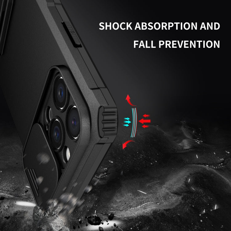 For iPhone 16 Pro Stereoscopic Holder Sliding Camshield Phone Case(Black)