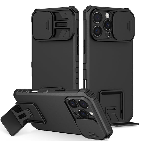 For iPhone 16 Pro Stereoscopic Holder Sliding Camshield Phone Case(Black)