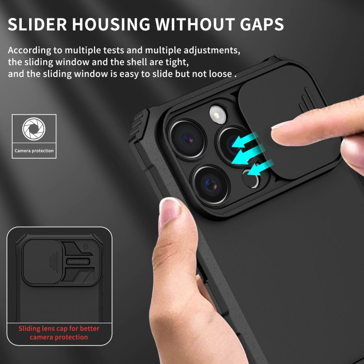 For iPhone 16 Pro Stereoscopic Holder Sliding Camshield Phone Case(Black)