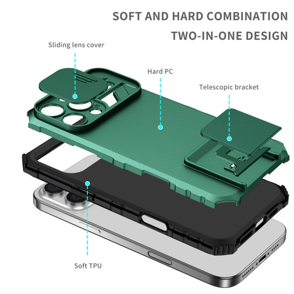 For iPhone 16 Pro Stereoscopic Holder Sliding Camshield Phone Case(Green)