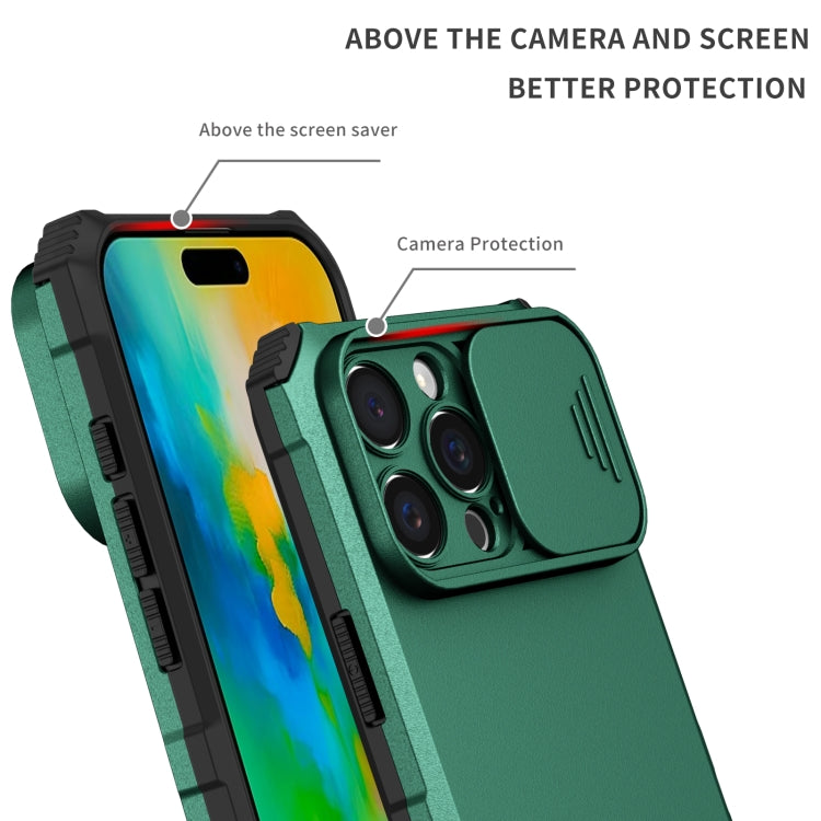 For iPhone 16 Pro Stereoscopic Holder Sliding Camshield Phone Case(Green)