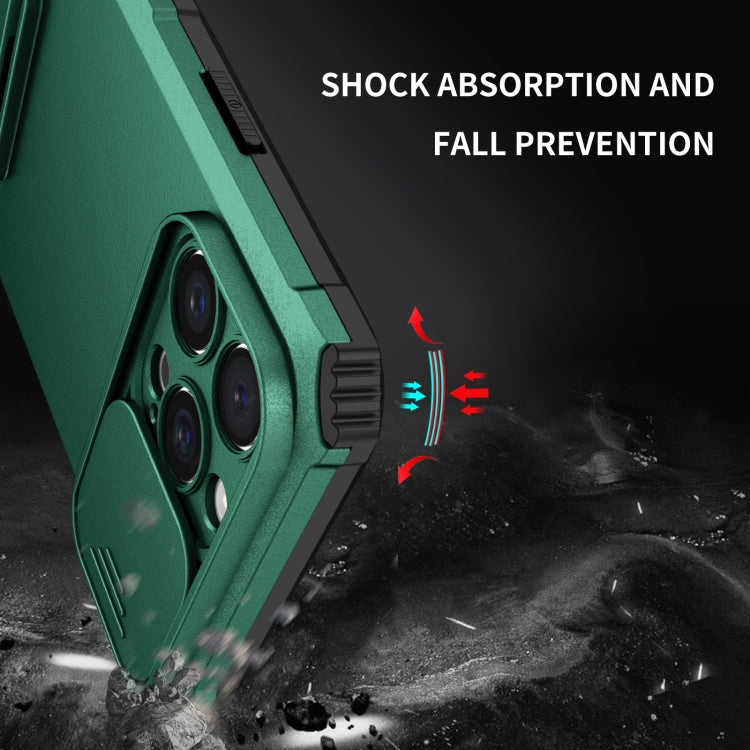 For iPhone 16 Pro Stereoscopic Holder Sliding Camshield Phone Case(Green)