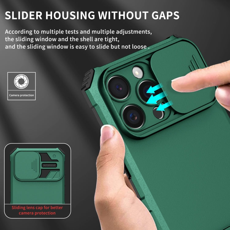 For iPhone 16 Pro Stereoscopic Holder Sliding Camshield Phone Case(Green)