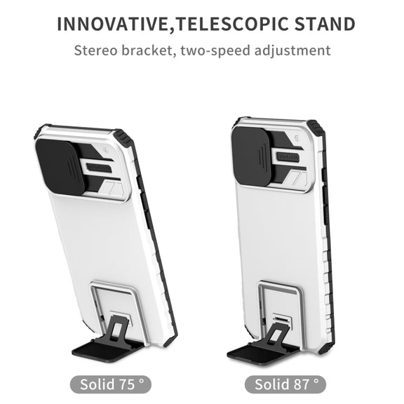 For iPhone 16 Plus Stereoscopic Holder Sliding Camshield Phone Case(White)