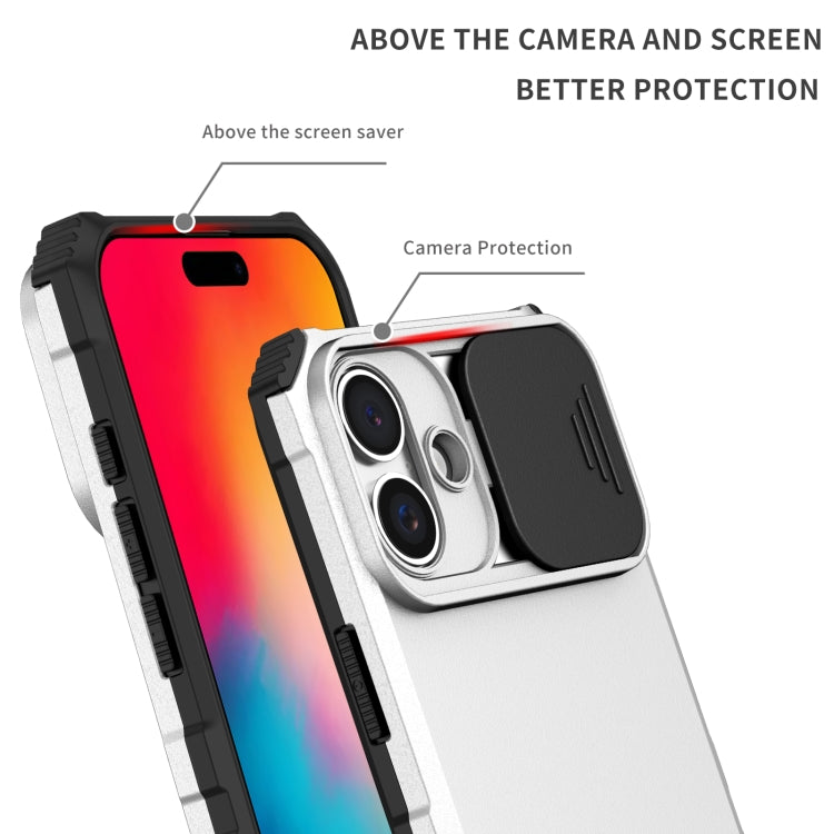 For iPhone 16 Plus Stereoscopic Holder Sliding Camshield Phone Case(White)