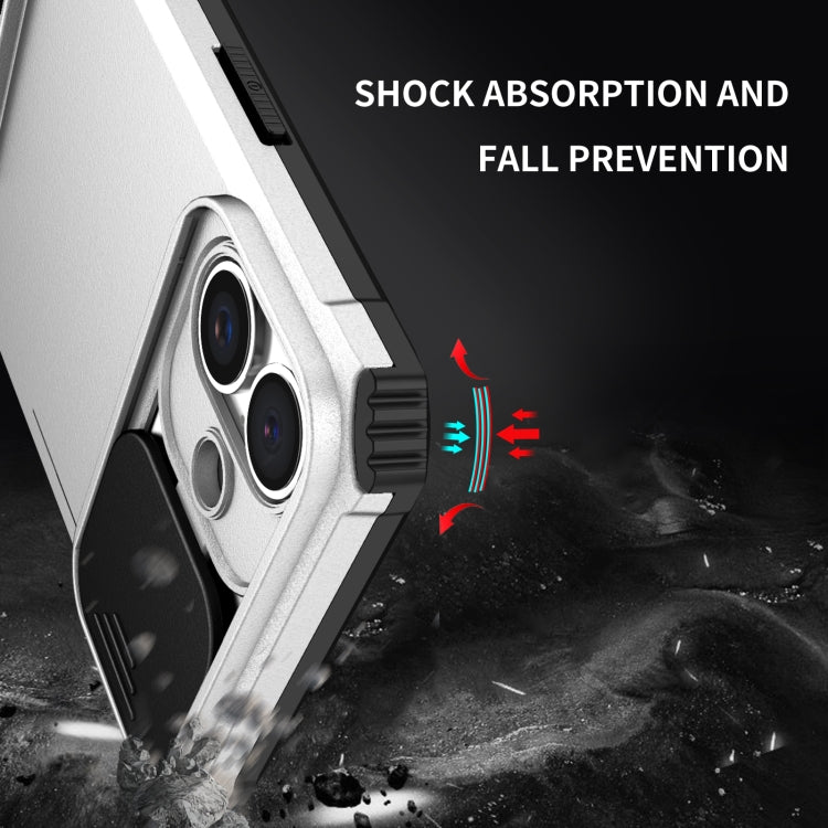 For iPhone 16 Plus Stereoscopic Holder Sliding Camshield Phone Case(White)