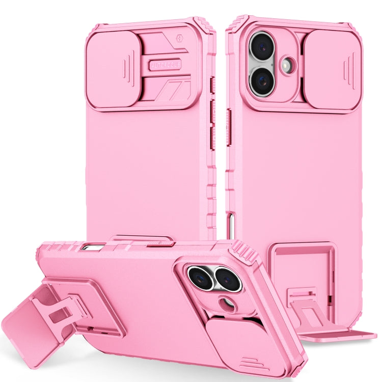 For iPhone 16 Plus Stereoscopic Holder Sliding Camshield Phone Case(Pink)