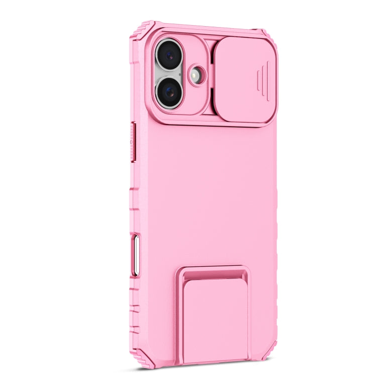 For iPhone 16 Plus Stereoscopic Holder Sliding Camshield Phone Case(Pink)