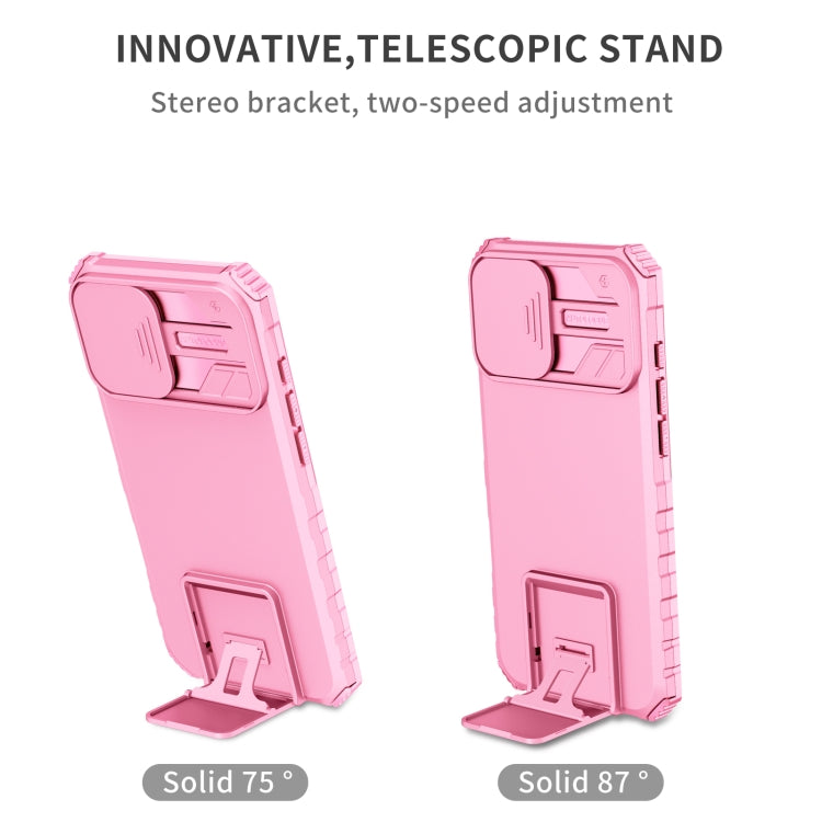 For iPhone 16 Plus Stereoscopic Holder Sliding Camshield Phone Case(Pink)