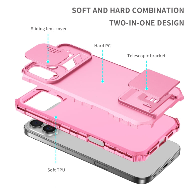 For iPhone 16 Plus Stereoscopic Holder Sliding Camshield Phone Case(Pink)
