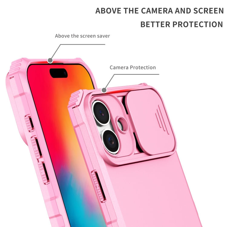 For iPhone 16 Plus Stereoscopic Holder Sliding Camshield Phone Case(Pink)
