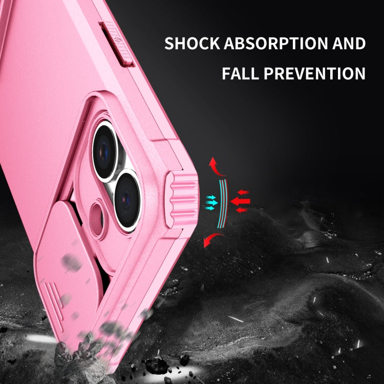 For iPhone 16 Plus Stereoscopic Holder Sliding Camshield Phone Case(Pink)