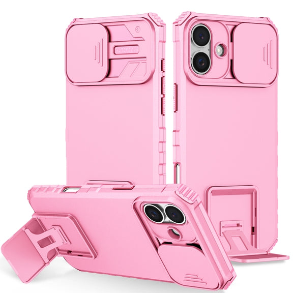 For iPhone 16 Plus Stereoscopic Holder Sliding Camshield Phone Case(Pink)