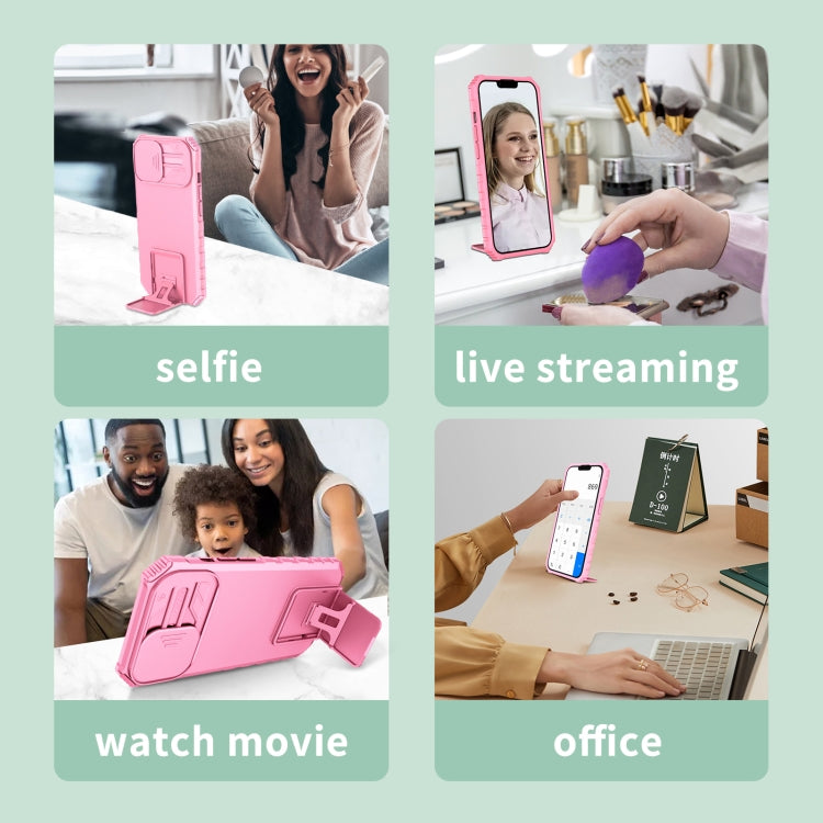 For iPhone 16 Plus Stereoscopic Holder Sliding Camshield Phone Case(Pink)
