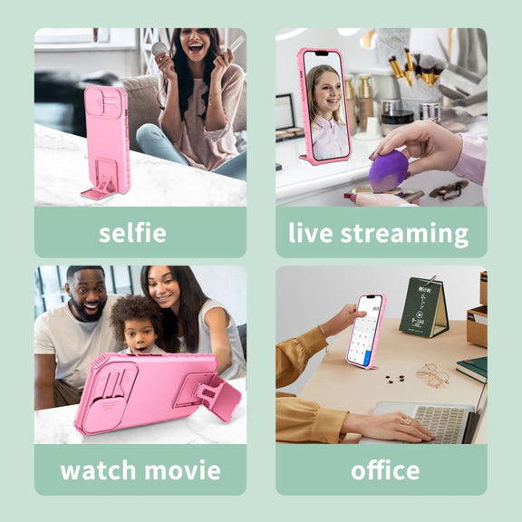 For iPhone 16 Plus Stereoscopic Holder Sliding Camshield Phone Case(Pink)