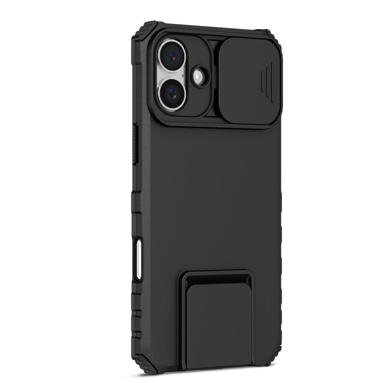 For iPhone 16 Plus Stereoscopic Holder Sliding Camshield Phone Case(Black)