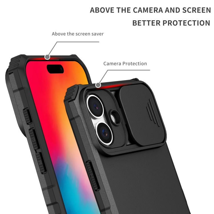 For iPhone 16 Plus Stereoscopic Holder Sliding Camshield Phone Case(Black)
