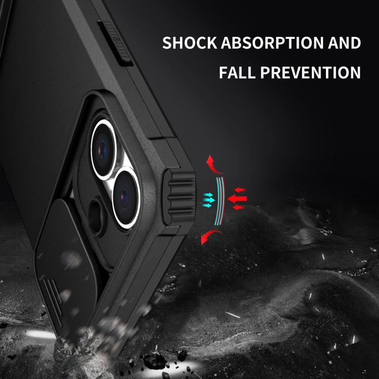 For iPhone 16 Plus Stereoscopic Holder Sliding Camshield Phone Case(Black)