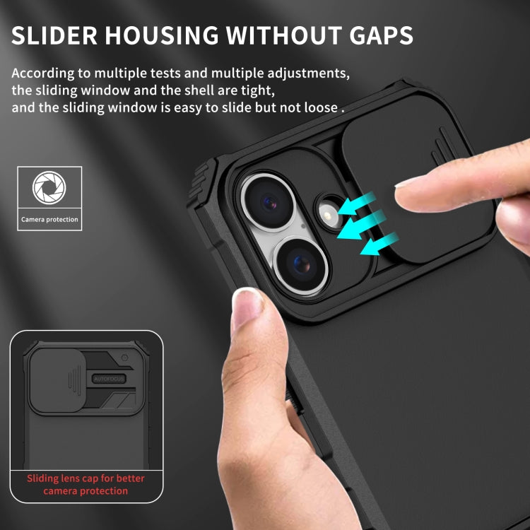 For iPhone 16 Plus Stereoscopic Holder Sliding Camshield Phone Case(Black)