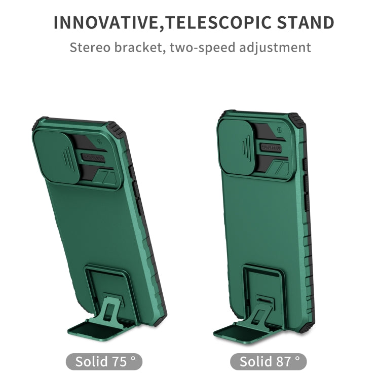 For iPhone 16 Plus Stereoscopic Holder Sliding Camshield Phone Case(Green)