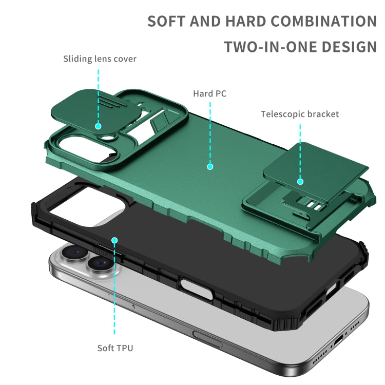 For iPhone 16 Plus Stereoscopic Holder Sliding Camshield Phone Case(Green)
