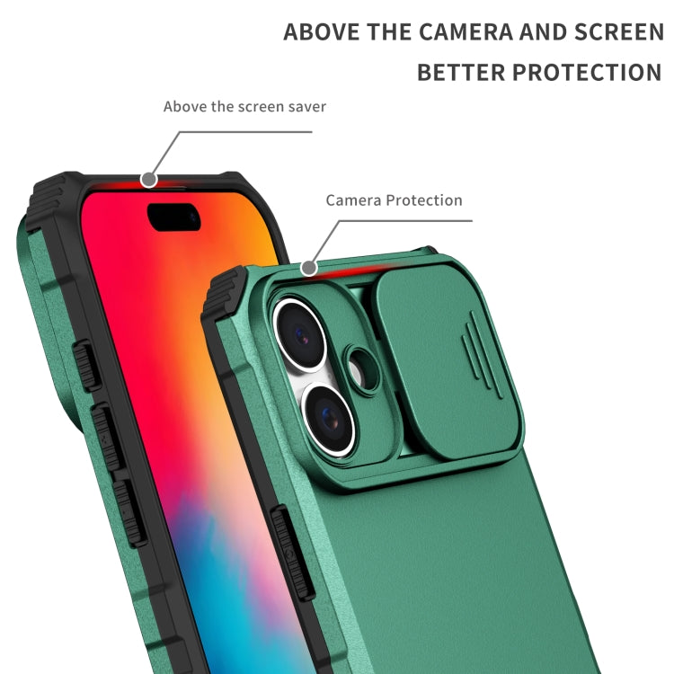 For iPhone 16 Plus Stereoscopic Holder Sliding Camshield Phone Case(Green)