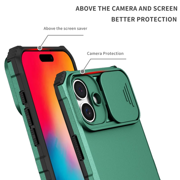 For iPhone 16 Plus Stereoscopic Holder Sliding Camshield Phone Case(Green)