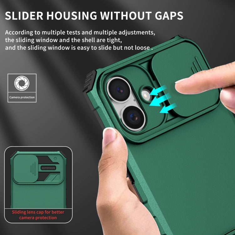 For iPhone 16 Plus Stereoscopic Holder Sliding Camshield Phone Case(Green)