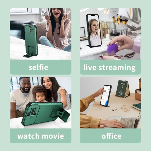 For iPhone 16 Plus Stereoscopic Holder Sliding Camshield Phone Case(Green)