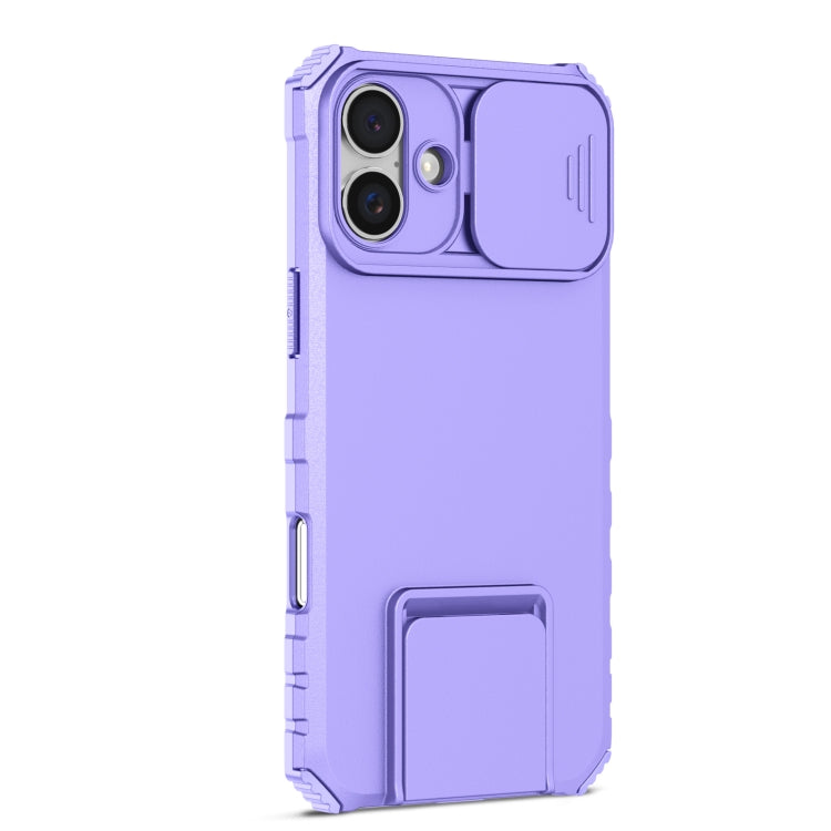 For iPhone 16 Plus Stereoscopic Holder Sliding Camshield Phone Case(Purple)