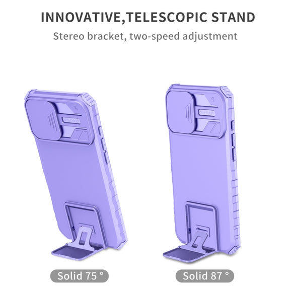 For iPhone 16 Plus Stereoscopic Holder Sliding Camshield Phone Case(Purple)