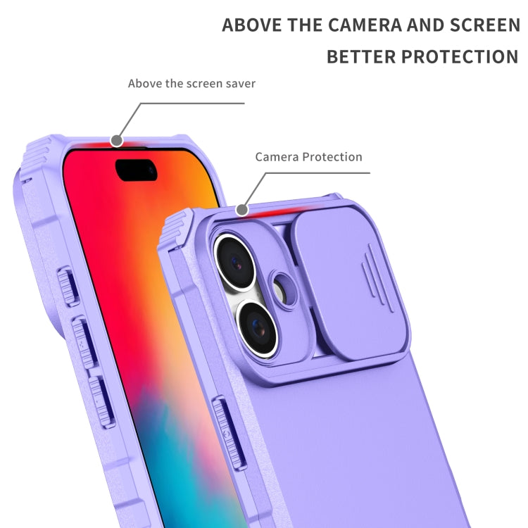 For iPhone 16 Plus Stereoscopic Holder Sliding Camshield Phone Case(Purple)